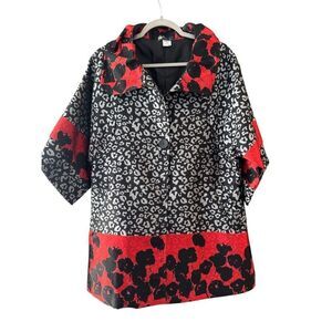 Damee Inc. Women's Floral Animal Print One Button Swing Coat Jacket Black Red XL